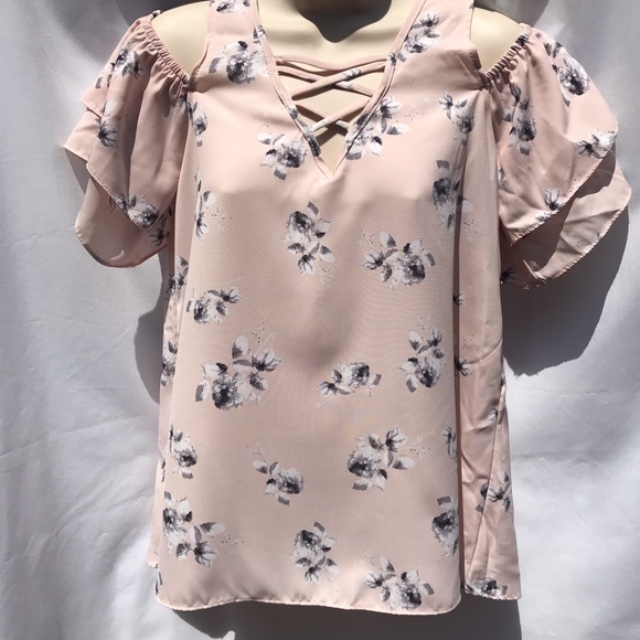 Ing Tops - Ing Pale Pink Floral Cold/Off the Shoulder Top